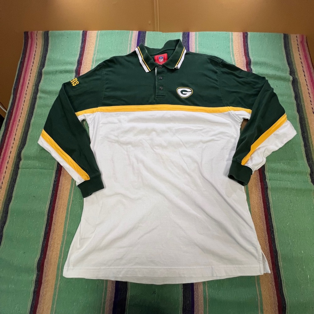 NFL Green Bay Packers Polo Mens Large Green White Colorblock Long Sleeve Shirt
